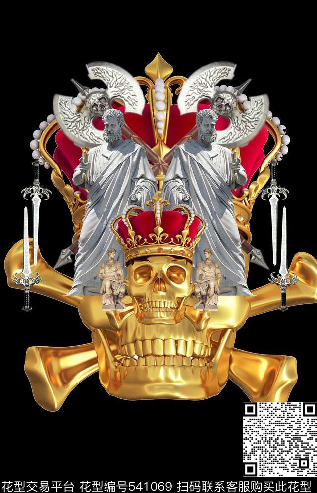 大牌贵族金色骷髅希腊石像数码印花华亿平台下载（图片编号: 541069） - 瓦栏（Walan）