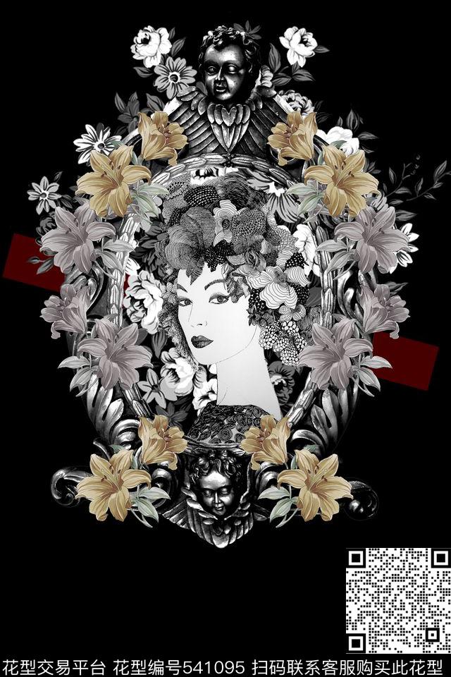 插花黑白女人定位数码印花华亿平台下载（图片编号: 541095） - 瓦栏（Walan）