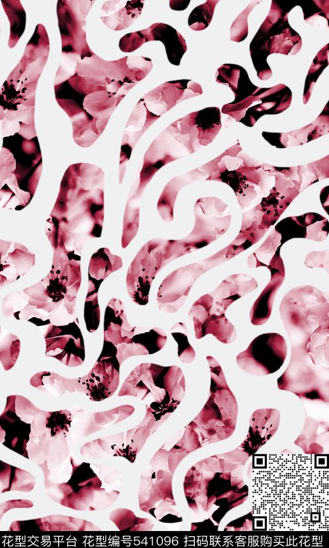 花卉组合花卉、不规则曲线纹路、单色叠加绚丽花园数码印花华亿平台下载（图片编号: 541096） - 瓦栏（Walan）