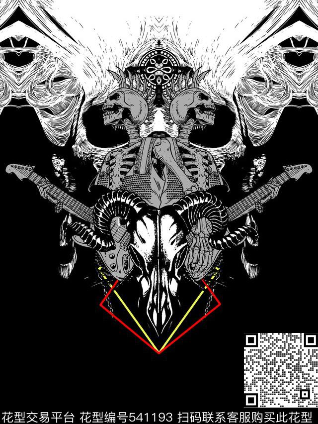 吉他男装图案时尚骷髅头传统印花华亿平台下载（图片编号: 541193） - 瓦栏（Walan）