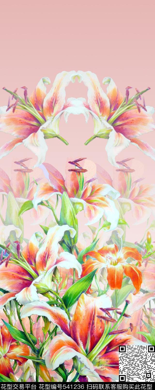 时尚清新大花卉渐变服装设计数码印花华亿平台下载（图片编号: 541236） - 瓦栏（Walan）