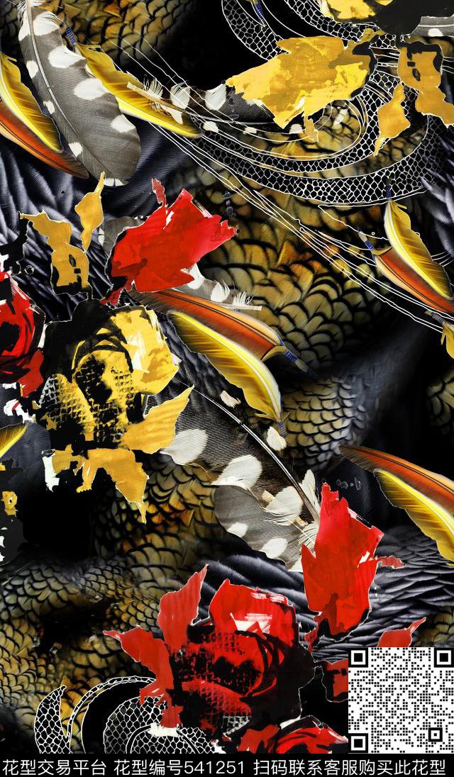 数码花蛇纹羽毛数码印花华亿平台下载（图片编号: 541251） - 瓦栏（Walan）