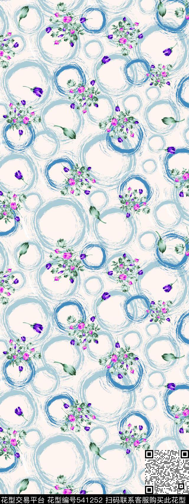 花卉水墨圆圈传统印花华亿平台下载（图片编号: 541252） - 瓦栏（Walan）