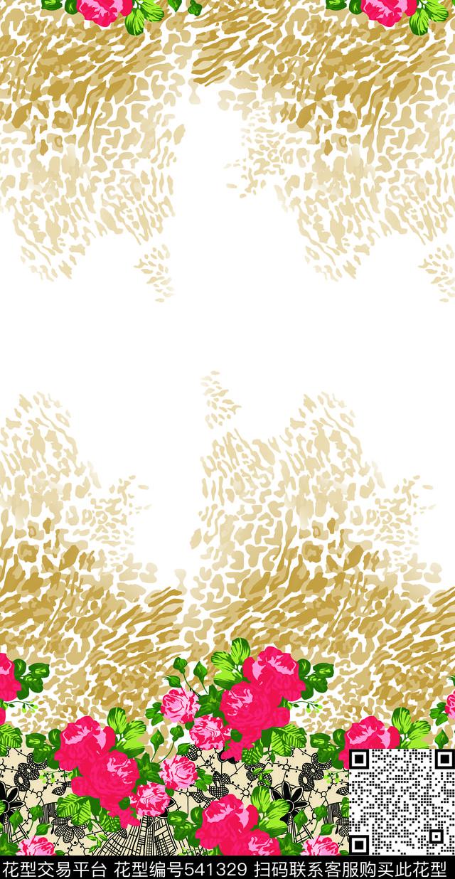豹纹花卉定位花朵传统印花华亿平台下载（图片编号: 541329） - 瓦栏（Walan）