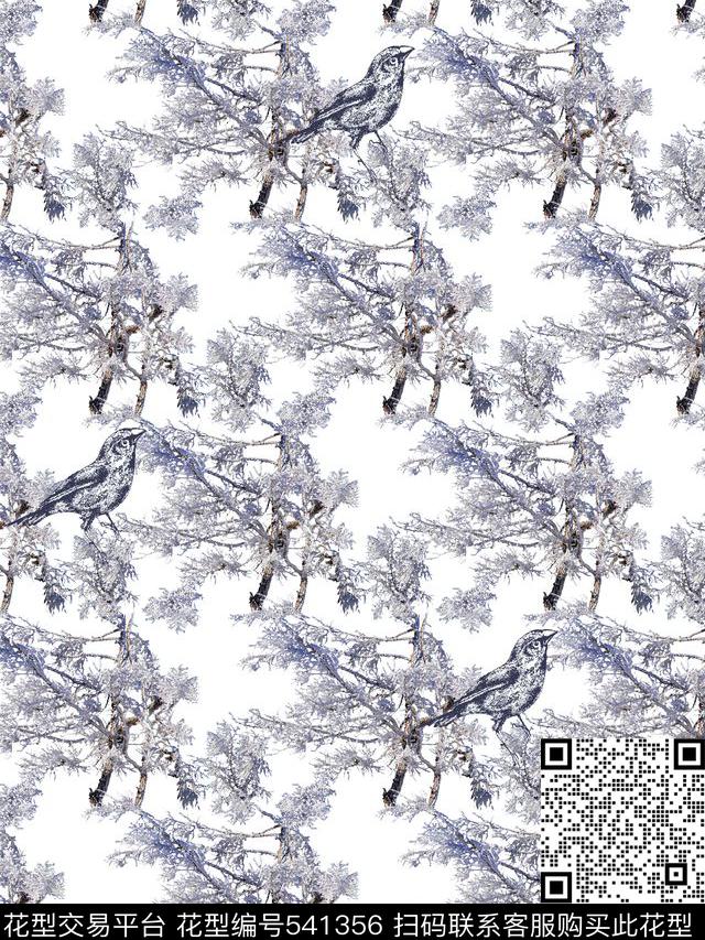 抽象树枝纹理鸟儿数码印花华亿平台下载（图片编号: 541356） - 瓦栏（Walan）