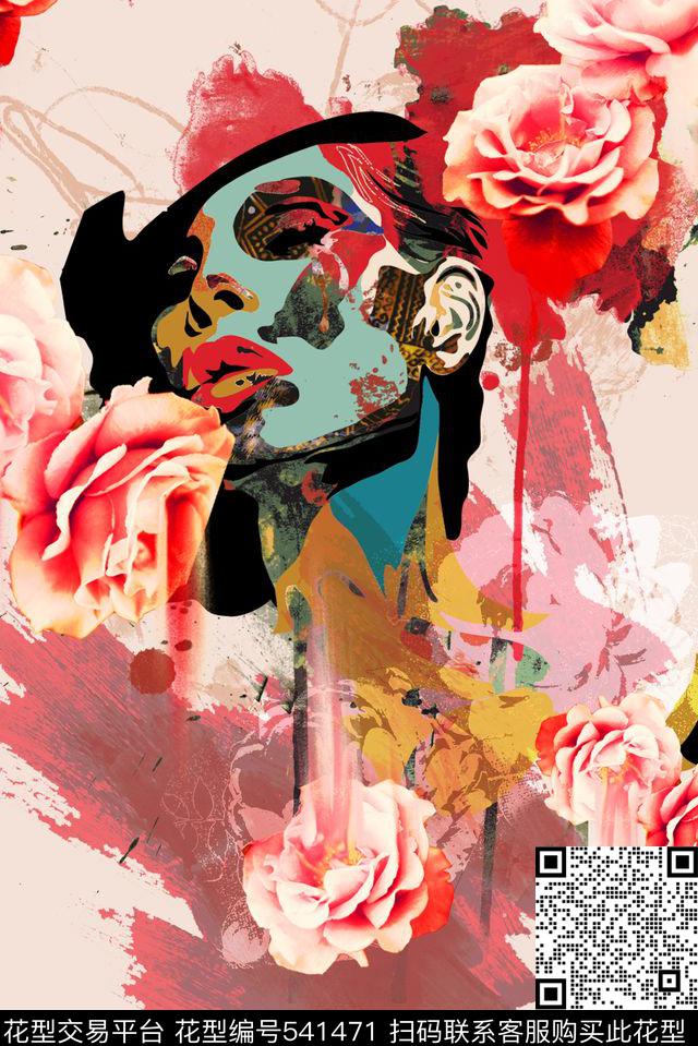 潮流个性女士T恤定位华亿平台抽象抽象人物画抽象玫瑰花花卉肌理数码印花华亿平台下载（图片编号: 541471） - 瓦栏（Walan）