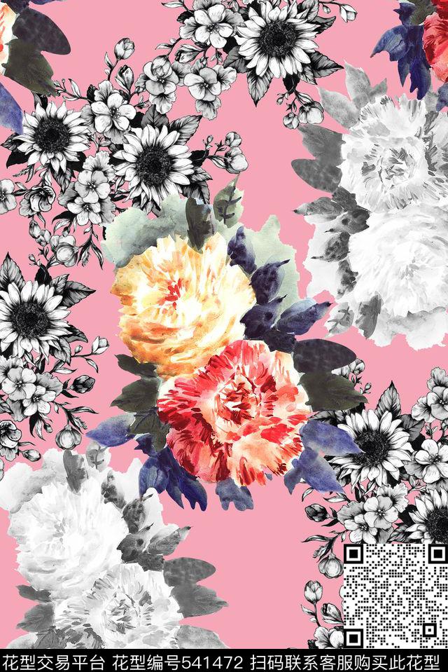 时尚大牌欧美风格大花卉服装设计数码印花华亿平台下载（图片编号: 541472） - 瓦栏（Walan）