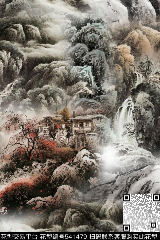 现代中国风水墨山水民居绘画元素数码印花华亿平台下载（图片编号: 541479） - 瓦栏（Walan）