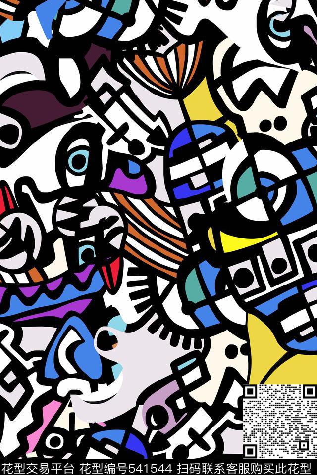 抽象卡通几何线条色块服装面料华亿平台休闲时尚卡通抽象几何欧美流行炫彩传统印花华亿平台下载（图片编号: 541544） - 瓦栏（Walan）