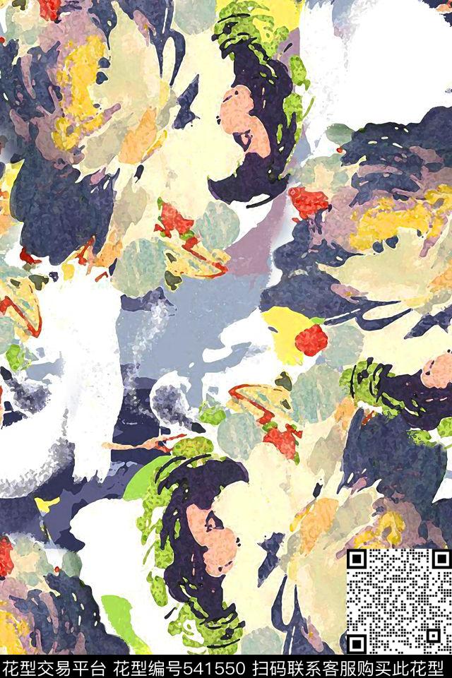抽象花卉时尚流行大牌水墨效果花朵数码印花华亿平台下载（图片编号: 541550） - 瓦栏（Walan）