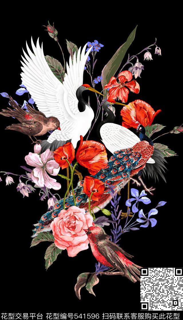 丹顶鹤飞鸟花卉数码印花华亿平台下载（图片编号: 541596） - 瓦栏（Walan）
