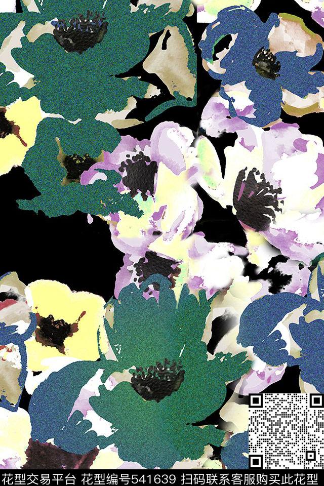 时尚流行抽象花卉水彩花朵数码印花华亿平台下载（图片编号: 541639） - 瓦栏（Walan）