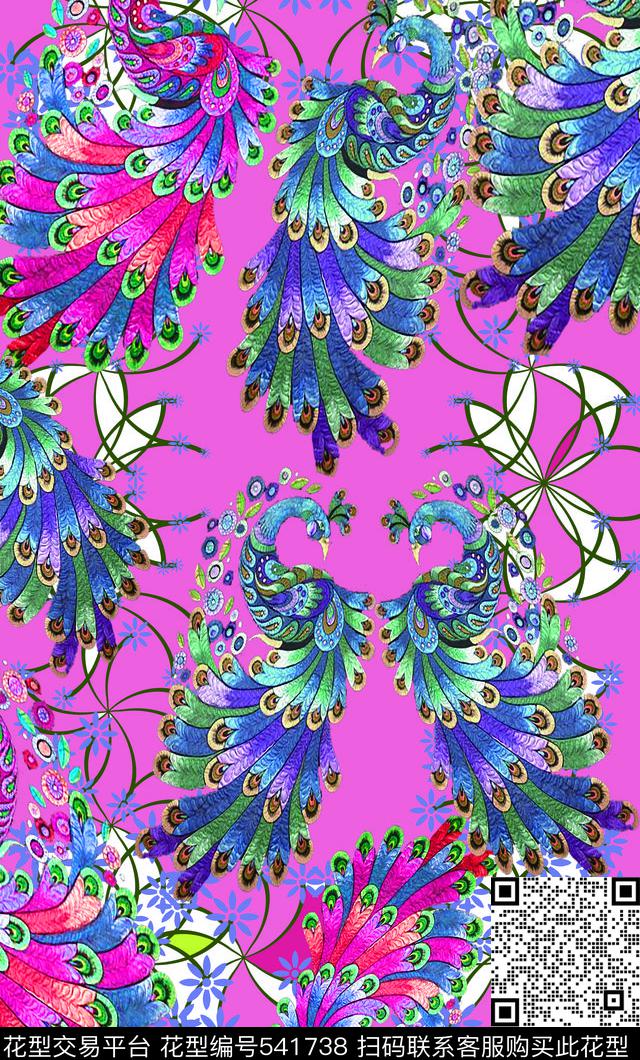 中国风民族风图案孔雀艺像数码印花华亿平台下载（图片编号: 541738） - 瓦栏（Walan）