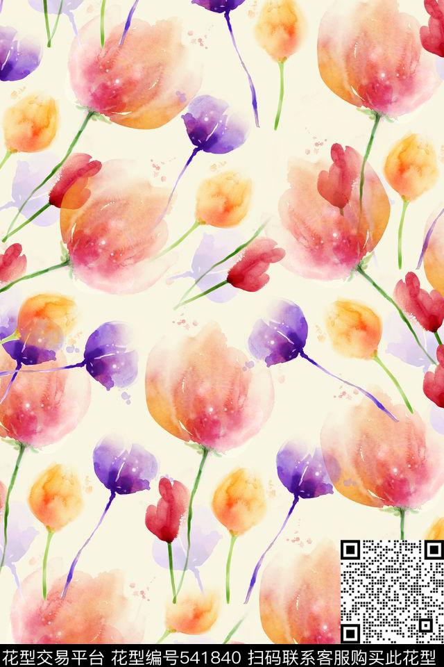 花朵名族风水彩数码印花华亿平台下载（图片编号: 541840） - 瓦栏（Walan）