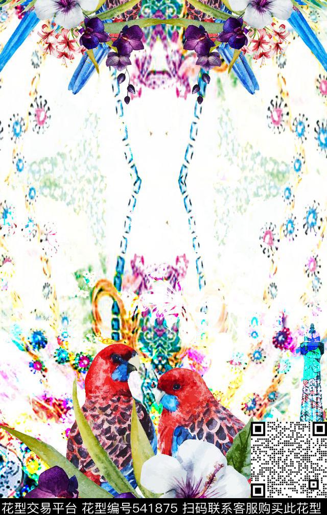 潮流时尚花卉欧洲风花卉建筑鸟数码印花华亿平台下载（图片编号: 541875） - 瓦栏（Walan）