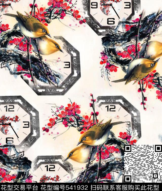 中国风梅花鸟儿数码印花华亿平台下载（图片编号: 541932） - 瓦栏（Walan）