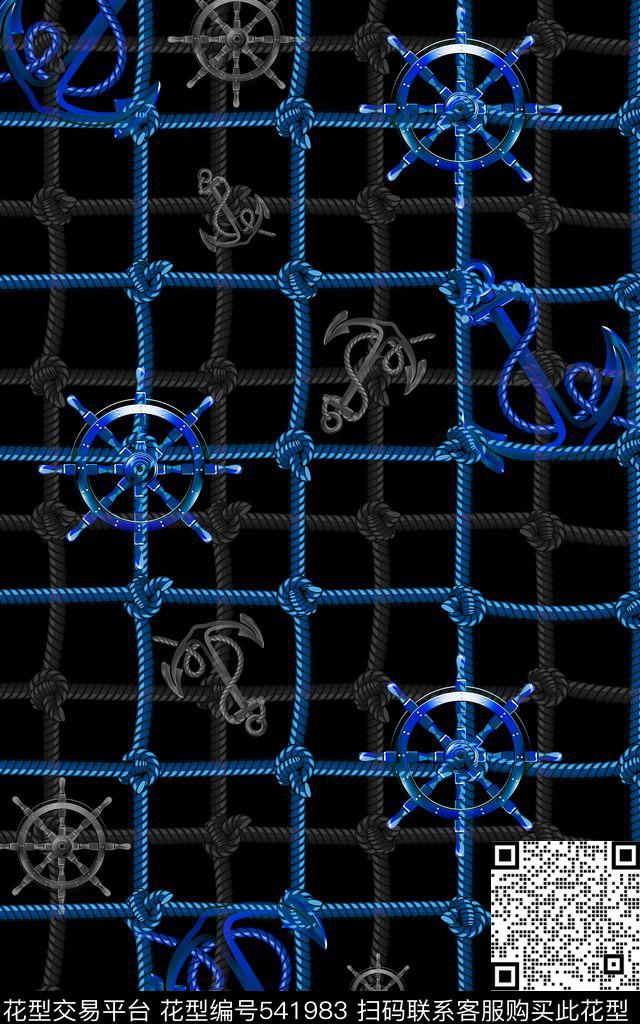 手绘时尚几何格子航海绳索绳子船锚船舵男装商务男装B【品质男装】数码印花华亿平台下载（图片编号: 541983） - 瓦栏（Walan）