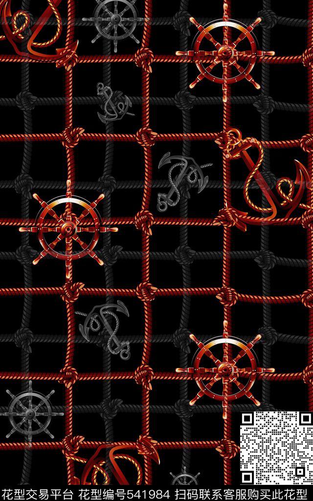 手绘时尚几何格子航海绳索绳子船锚船舵男装商务男装B【品质男装】数码印花华亿平台下载（图片编号: 541984） - 瓦栏（Walan）