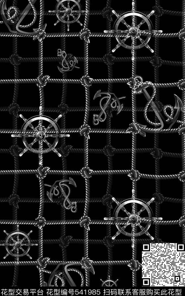 手绘时尚几何格子航海绳索绳子船锚船舵男装商务男装B【品质男装】数码印花华亿平台下载（图片编号: 541985） - 瓦栏（Walan）