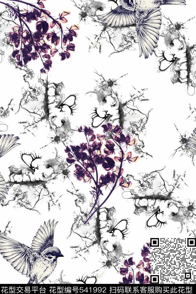 花卉小鸟时尚大牌欧美风格中国风数码印花华亿平台下载（图片编号: 541992） - 瓦栏（Walan）