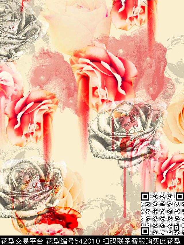 抽象花卉抽象玫瑰花卉素描花卉水墨肌理大花女士衬衫女士长裙数码印花华亿平台下载（图片编号: 542010） - 瓦栏（Walan）