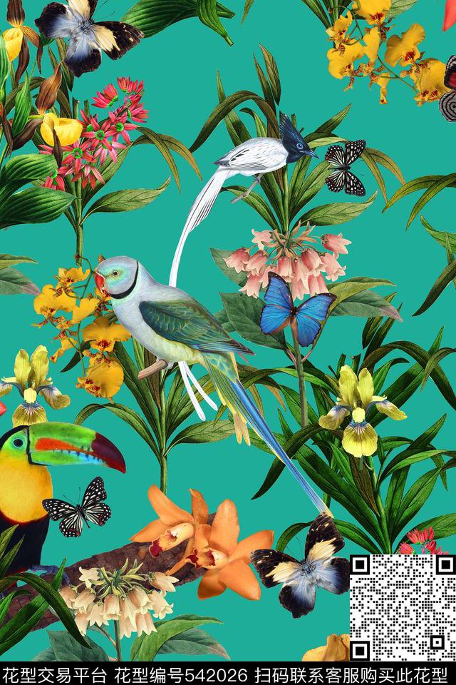 纯色底花卉小鸟数码印花华亿平台下载（图片编号: 542026） - 瓦栏（Walan）