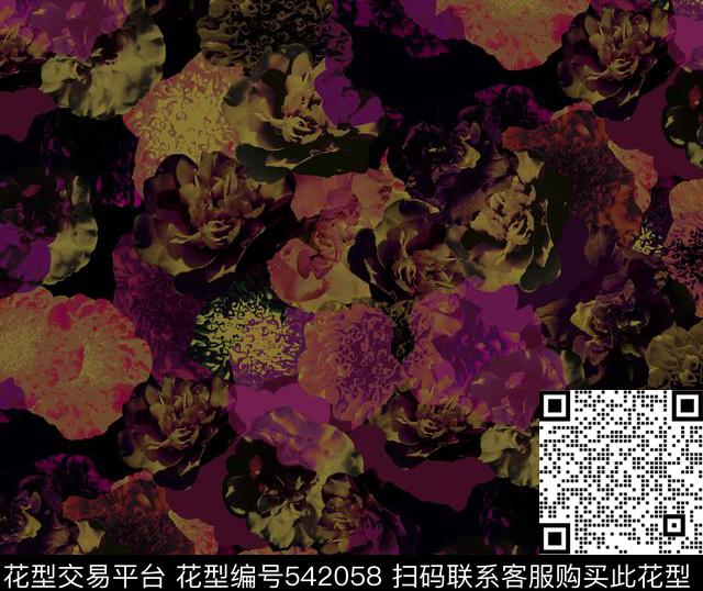 花开花束花团锦簇数码印花华亿平台下载（图片编号: 542058） - 瓦栏（Walan）