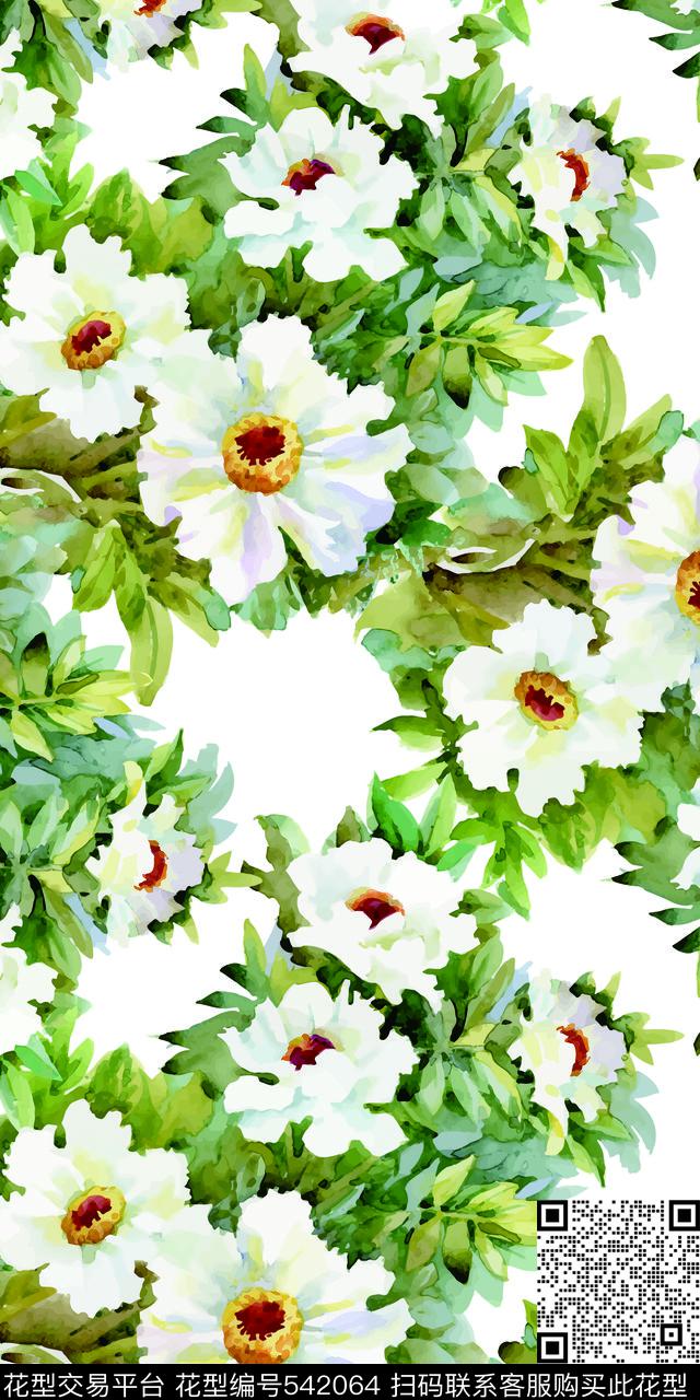 个性休闲手绘绿色休闲手绘绿色叶花卉数码印花华亿平台下载（图片编号: 542064） - 瓦栏（Walan）
