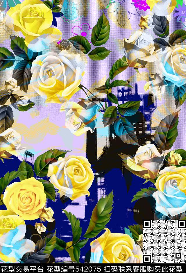 田园民族风手绘玫瑰建筑几何线条花定位欧美流行时尚数码印花华亿平台下载（图片编号: 542075） - 瓦栏（Walan）