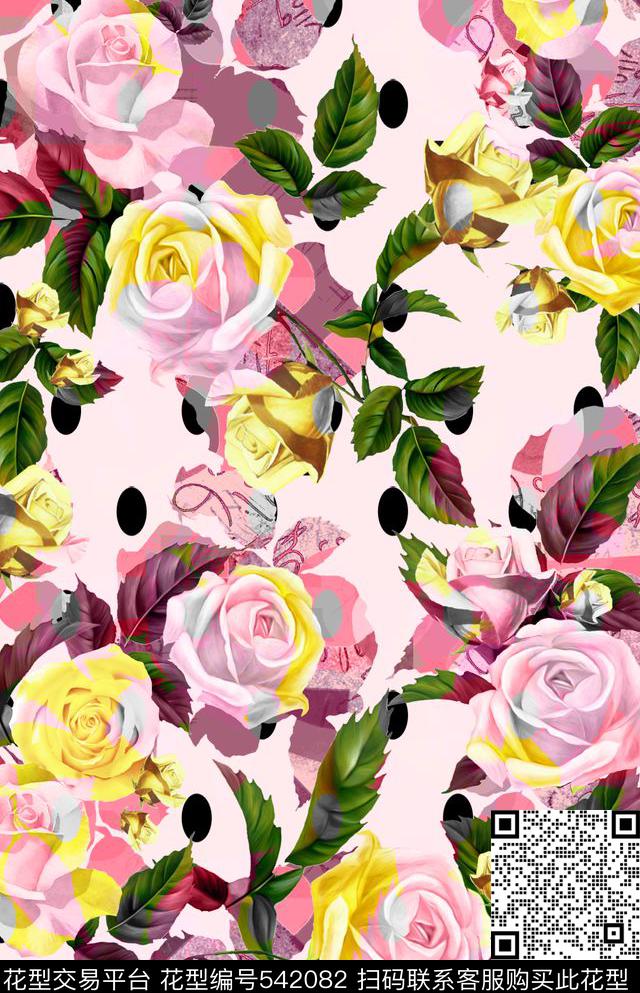 田园民族风手绘玫瑰建筑几何线条花定位欧美流行时尚数码印花华亿平台下载（图片编号: 542082） - 瓦栏（Walan）