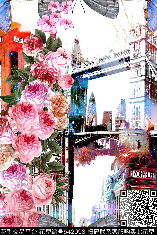 MAX-定位欧美民族风建筑手绘复古花卉蝴蝶定位数码印花华亿平台下载（图片编号: 542093） - 瓦栏（Walan）