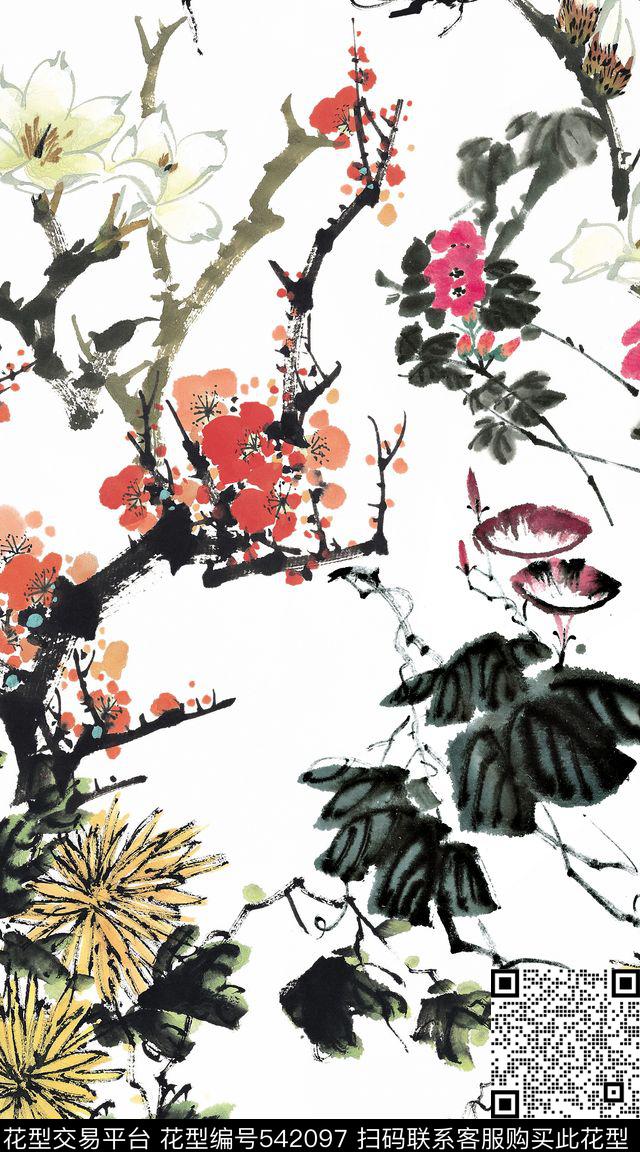 国画水墨满版数码印花华亿平台下载（图片编号: 542097） - 瓦栏（Walan）