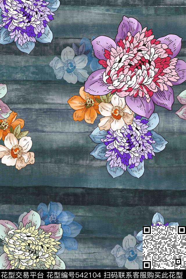 流行时尚水彩花卉数码印花华亿平台下载（图片编号: 542104） - 瓦栏（Walan）