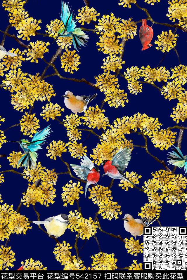 传统花卉鸟机理数码印花华亿平台下载（图片编号: 542157） - 瓦栏（Walan）
