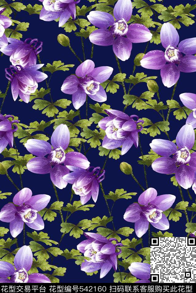 绿叶紫花组合华亿平台唯美数码印花华亿平台下载（图片编号: 542160） - 瓦栏（Walan）