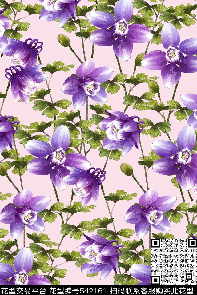 唯美绿叶紫花组合华亿平台数码印花华亿平台下载（图片编号: 542161） - 瓦栏（Walan）