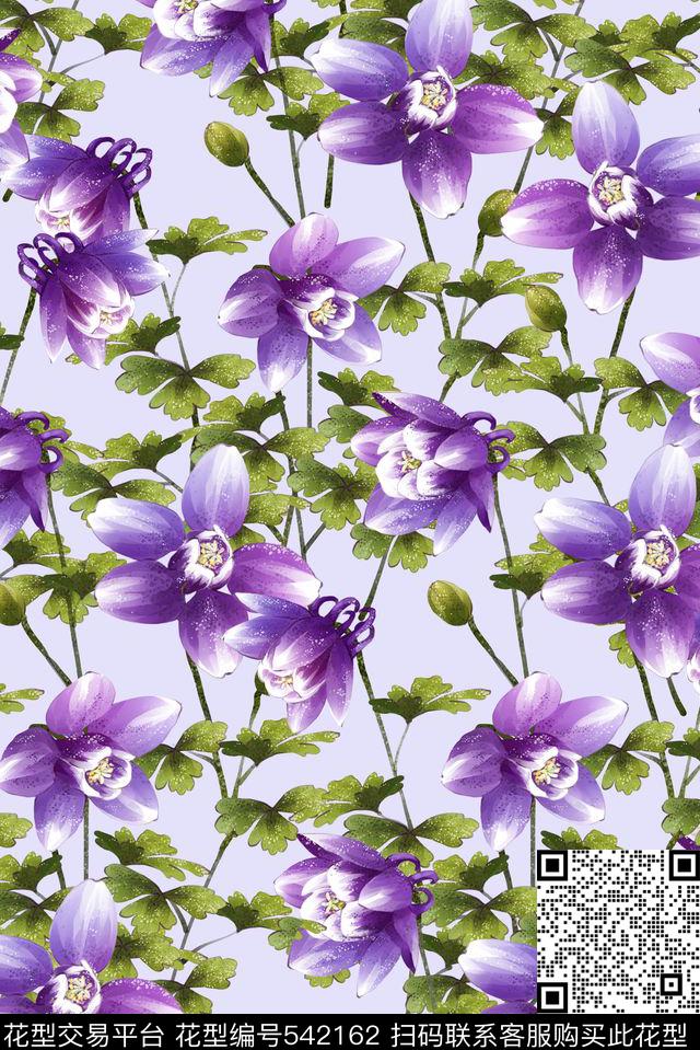 唯美绿叶紫花组合华亿平台数码印花华亿平台下载（图片编号: 542162） - 瓦栏（Walan）