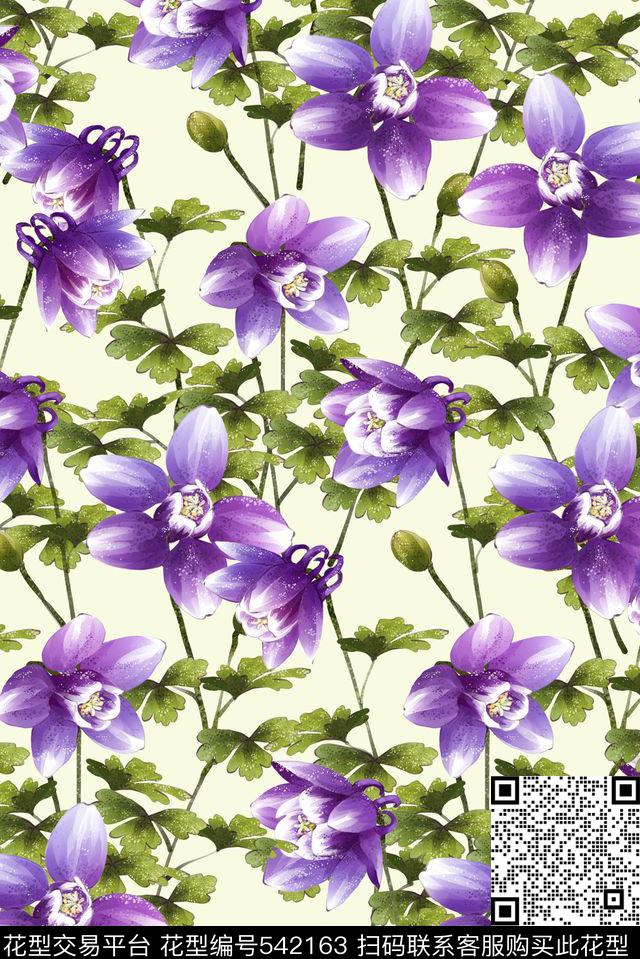唯美绿叶紫花组合华亿平台数码印花华亿平台下载（图片编号: 542163） - 瓦栏（Walan）