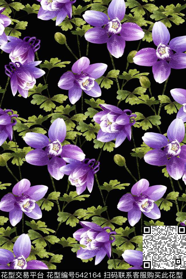 唯美绿叶紫花组合华亿平台数码印花华亿平台下载（图片编号: 542164） - 瓦栏（Walan）