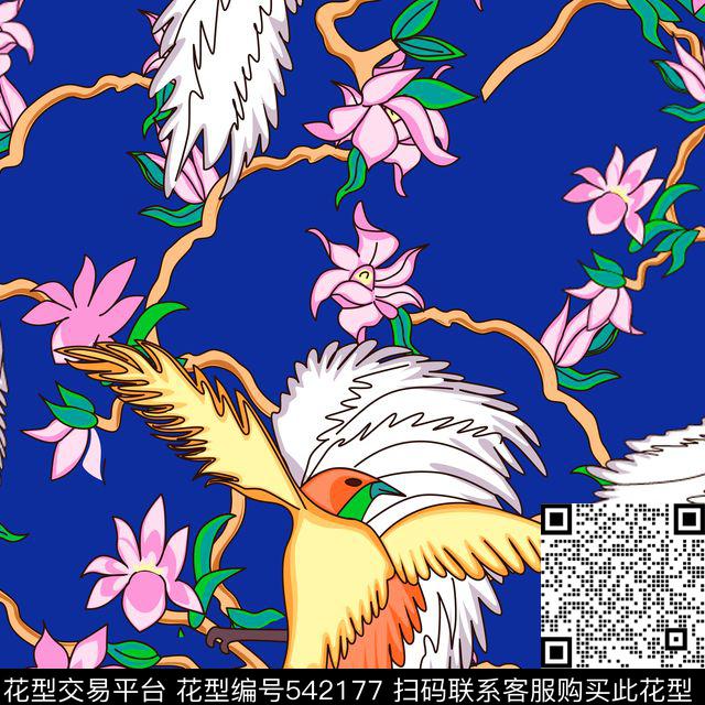 中国风飞鸟仙鹤玉兰花国画大牌女装传统印花华亿平台下载（图片编号: 542177） - 瓦栏（Walan）