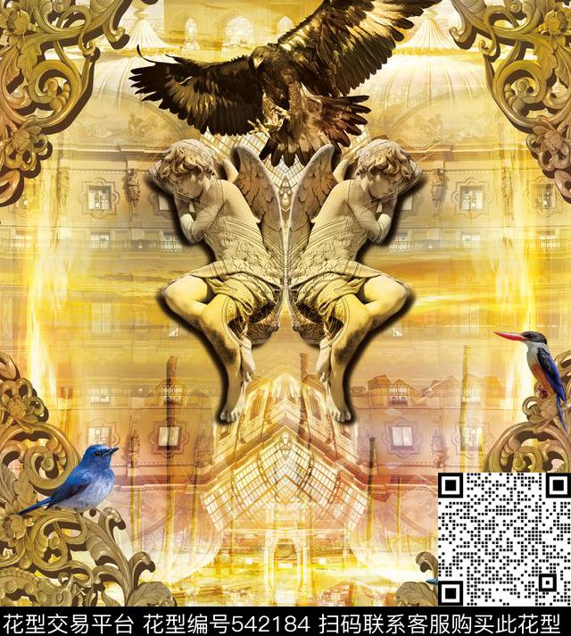 欧式花纹天使老鹰宫廷组合数码印花华亿平台下载（图片编号: 542184） - 瓦栏（Walan）