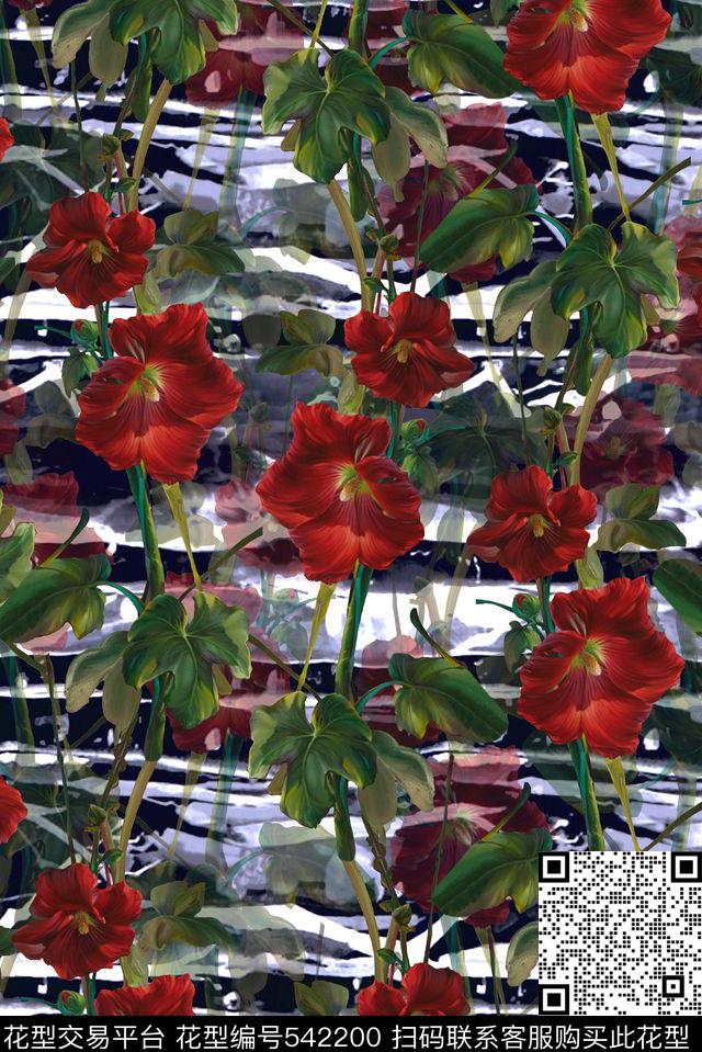 服装设计时尚大牌欧美风格条纹花卉数码印花华亿平台下载（图片编号: 542200） - 瓦栏（Walan）