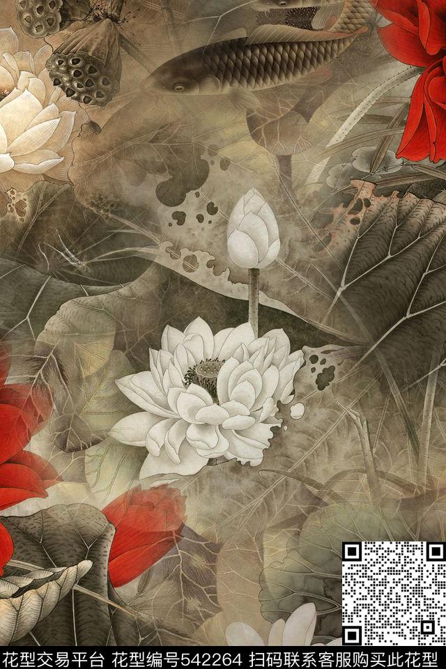 中国风国画工笔荷花叶旗袍华亿平台数码印花华亿平台下载（图片编号: 542264） - 瓦栏（Walan）