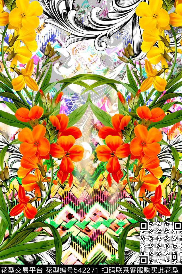 MAX-定位欧美民族风田园风手绘针织几何花卉定位数码印花华亿平台下载（图片编号: 542271） - 瓦栏（Walan）