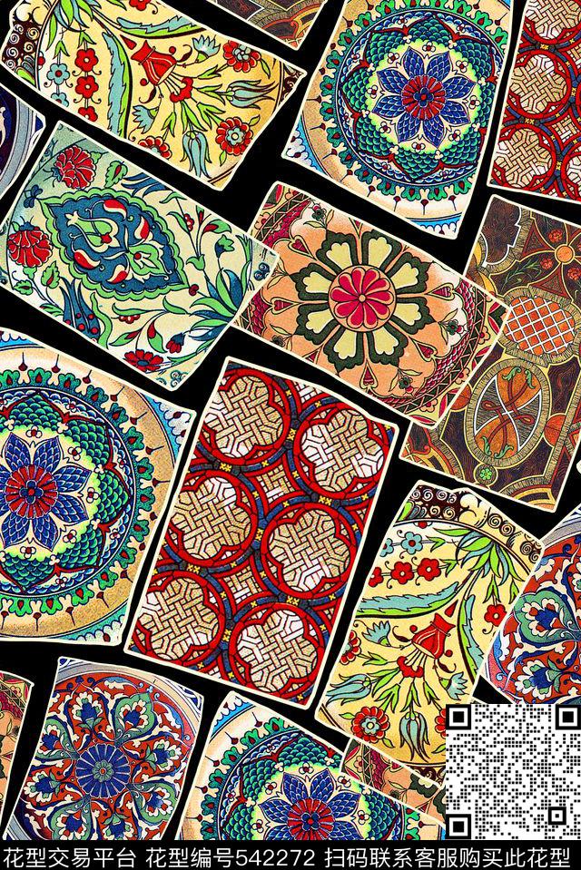 复古花卉拼接个性数码印花华亿平台下载（图片编号: 542272） - 瓦栏（Walan）