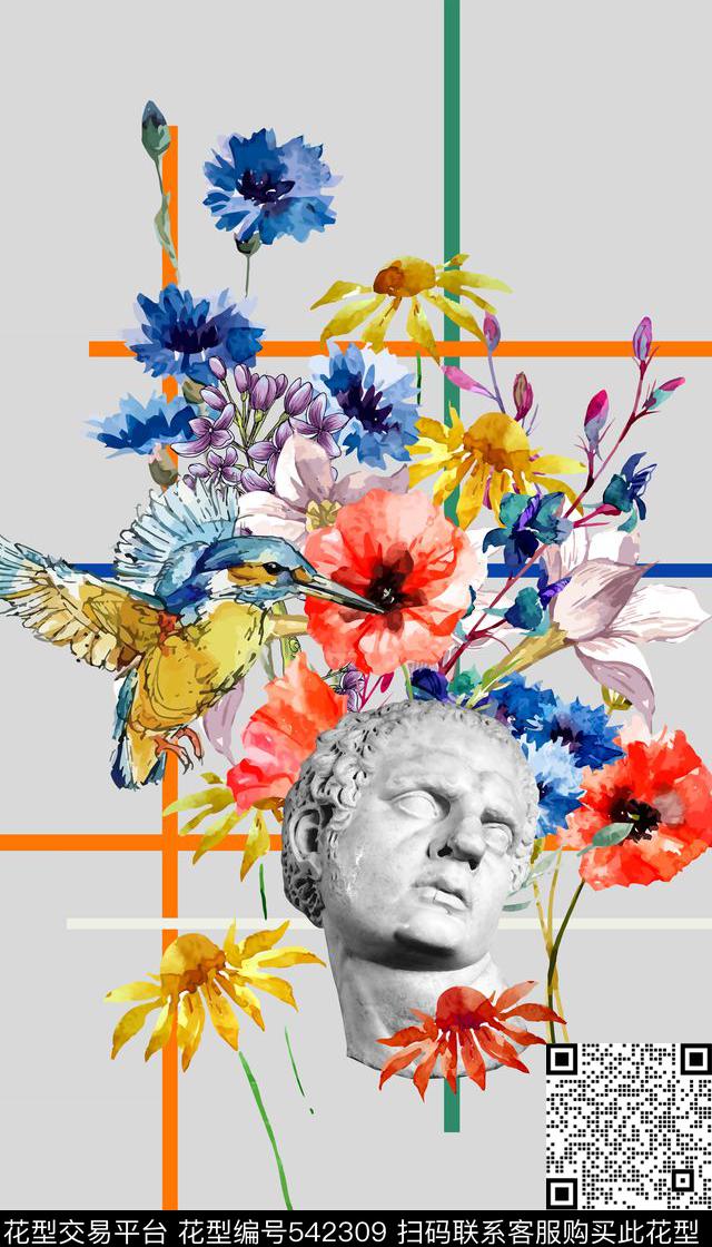 潮流时尚雏菊雕像数码印花华亿平台下载（图片编号: 542309） - 瓦栏（Walan）