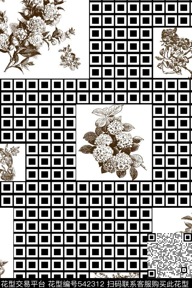 时尚黑白方块素描牡丹传统印花华亿平台下载（图片编号: 542312） - 瓦栏（Walan）