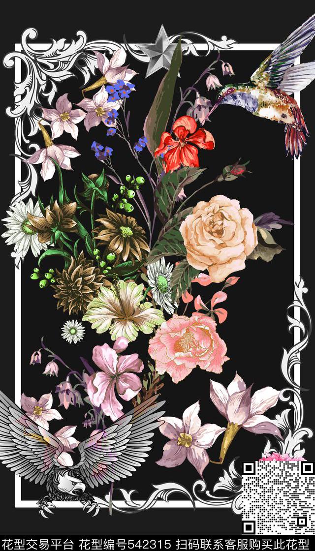 飞鸟花卉老鹰数码印花华亿平台下载（图片编号: 542315） - 瓦栏（Walan）
