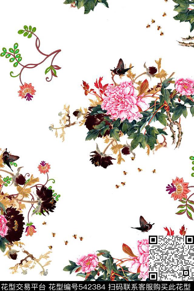 素雅牡丹花国画水墨旗袍华亿平台数码印花华亿平台下载（图片编号: 542384） - 瓦栏（Walan）