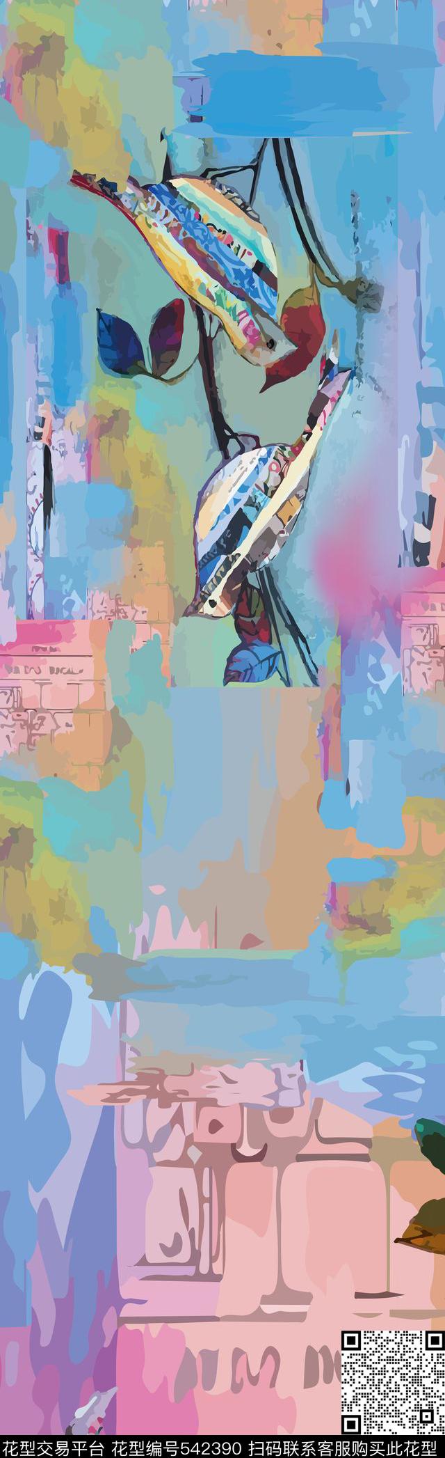 抽象鸟拼接数码印花华亿平台下载（图片编号: 542390） - 瓦栏（Walan）